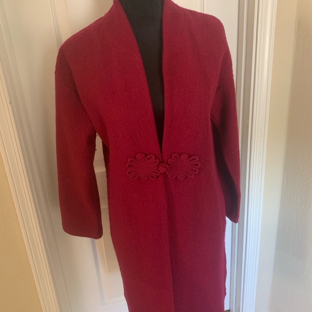 Elegant Cranberry Open Front Coat With Frog Closure Size S — For Cynthia